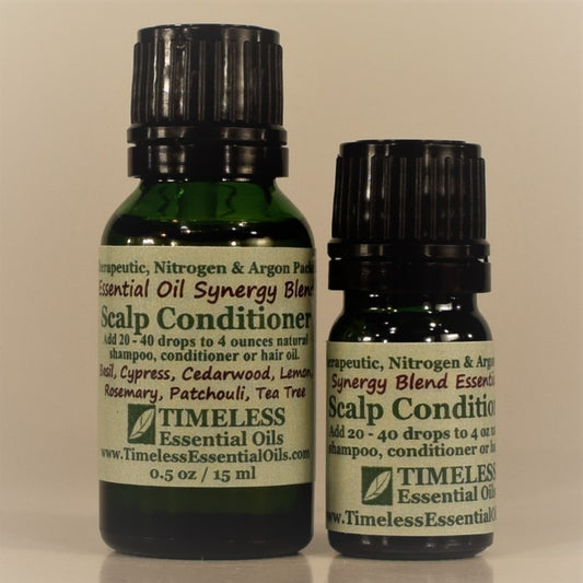 TIMELESS Scalp Conditioner essential oil blend supports healthy scalp and hair growth. Add to natural shampoo, conditioner or hair oil.
