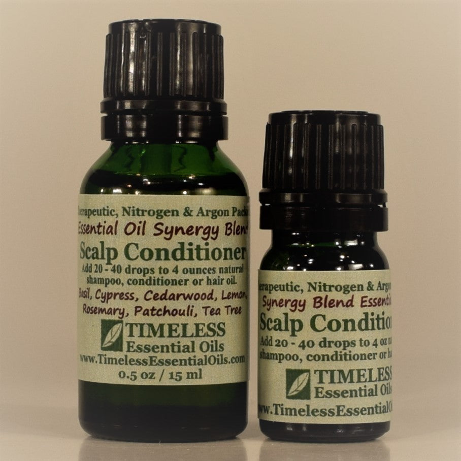 TIMELESS Scalp Conditioner essential oil blend supports healthy scalp and hair growth.  Add to natural shampoo, conditioner or hair oil.
