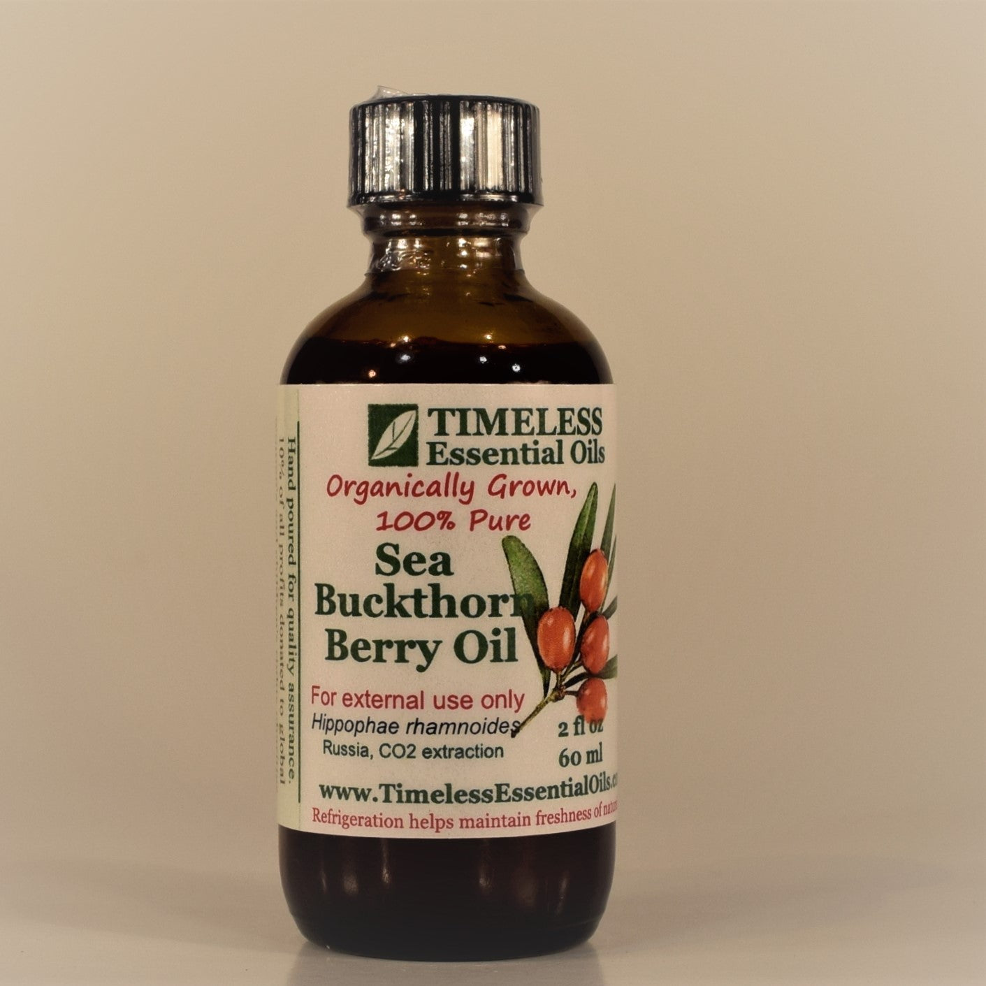 TIMELESS Organic Sea Buckthorn Berry Oil is rich in beta carotene and Vitamin E.  It is used to treat damaged skin and promotes wound healing. 