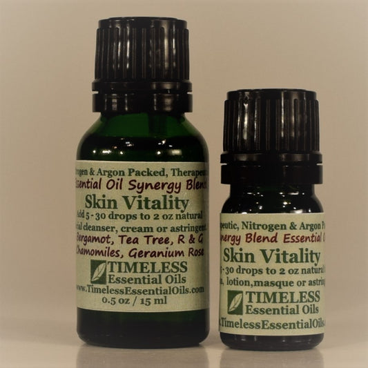 TIMELESS Skin Vitality essential oil blend promotes healthy, vibrant skin.  Add to natural cleanser, astringent, lotion or face cream. 